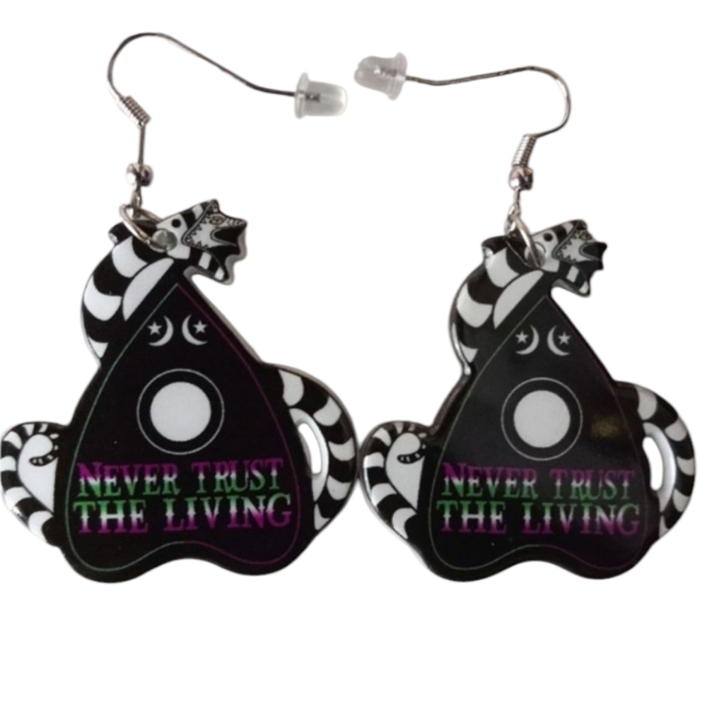 Beetlejuice‎ Sandworm Planchette Drop Hook Earrings "Never Trust the Living